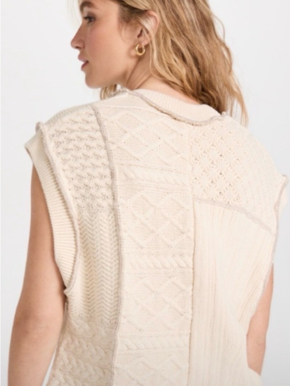 Free People Take the Plunge Cream Patchwork Cable-Knit Sweater Vest Size S